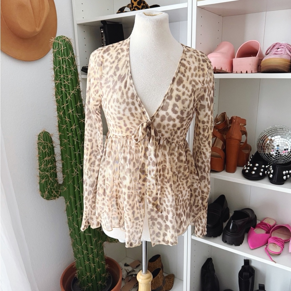 Y2K Leopard Print Ling Sleeve Sheer Top
